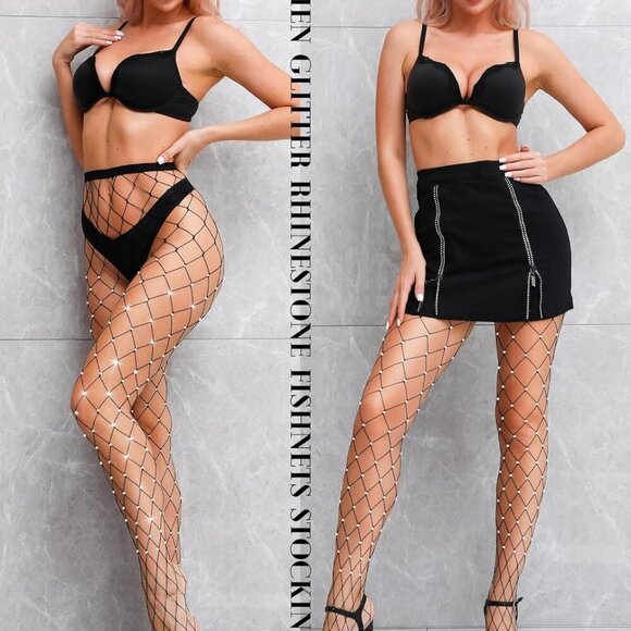 2 Pack Fishnet Tights Women Mesh Stockings Glitter Rhinestone Black Large Medium - Picture 2 of 5